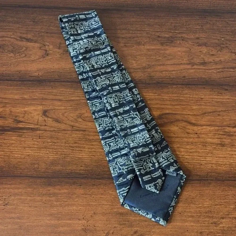 ERMENEGILDO ZEGMA Men Navy Black White Silk Hieroglyphics Necktie Made‎ in Italy